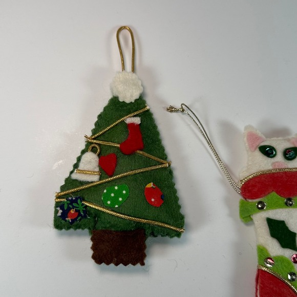 Vintage Handmade Felt Christmas Ornaments Set 3 Cat Stocking Tree Bell Sequins - Picture 4 of 6